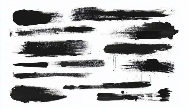 Collection of black paint brush strokes on white background. (3)
