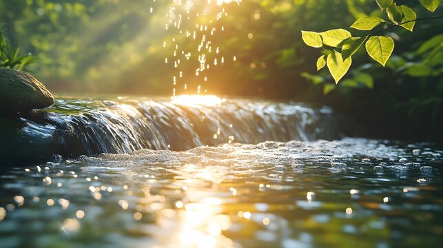 Nature scene depicts serene flowing stream with smooth river rocks, featuring crystal-clear water reflecting sunlight, surrounded by fresh green leaves in misty morning atmosphere.