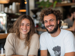 Fototapeta premium Two friendly coworkers enjoying a light-hearted conversation over coffee in a chic cafe, fostering positivity and teamwork. long shot