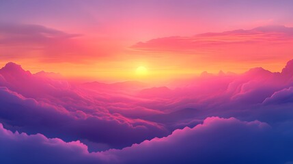 Fototapeta premium Dramatic skyscape showcases vibrant sunset with pink and purple hues, featuring golden orange horizon and wispy cloud formations in magical twilight atmosphere.
