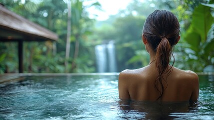 Fototapeta premium Woman Relaxing in Tranquil Pool with Waterfall View, Lush Tropical Rainforest Setting