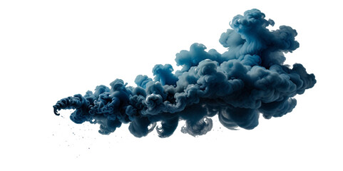 Beautiful blue smoke plume isolated on transparent background. bright orange paint color powder festival background.	
