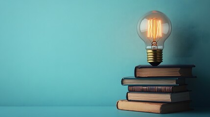 Creative composition shows vintage light bulb atop stacked books against soft light blue background, featuring warm glowing filament in minimal educational setting.