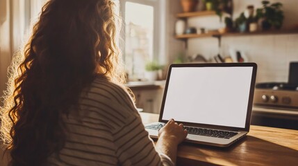 Open laptop with blank screen on a wooden desk in a kitchen room home office
