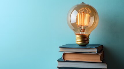 Creative composition shows vintage light bulb atop stacked books against soft light blue background, featuring warm glowing filament in minimal educational setting.