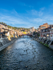 Full blooming cherry blossom tree, sakura blooming, in spring season all the town in Takayama, Japan, under clear blue sky