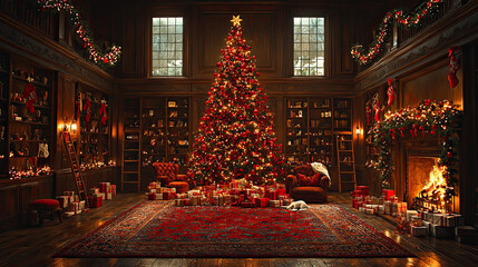 Fototapeta premium Cozy Christmas Living Room with Tree, Fireplace, and Decorations