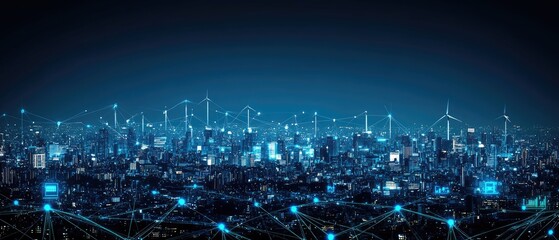 Fototapeta premium Smart City Network Illuminated Night Wind Turbines