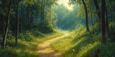 Obraz premium A sunlit path through a lush green forest with white flowers, symbolizing serenity and beauty. Perfect for nature and environmental themes.