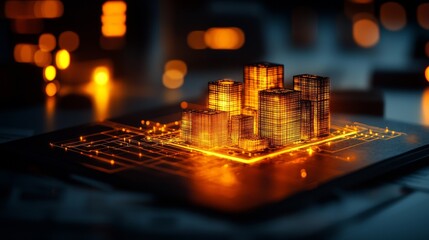 A glowing, futuristic cityscape rises from a circuit board, blending technology with urban architecture in a vibrant, orange-lit environment.