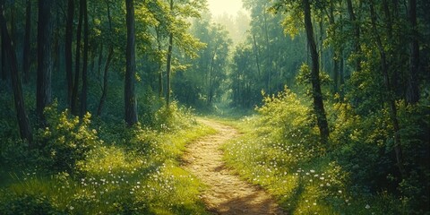 Obraz premium A sunlit path through a lush green forest with white flowers, symbolizing serenity and beauty. Perfect for nature and environmental themes.
