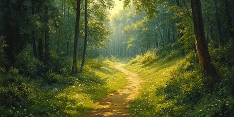 A sunlit path through a lush green forest with white flowers, symbolizing serenity and beauty. Perfect for nature and environmental themes.