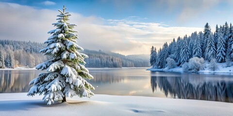 Snow-covered fir tree with a frozen lake in the background , Winter, Forest,  Winter