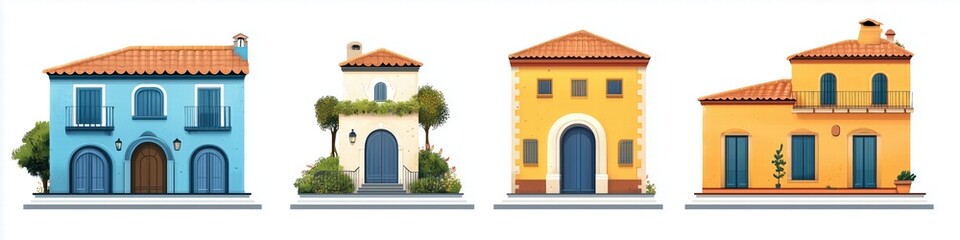 Obraz premium A colorful illustration of four distinct Mediterranean houses, each with unique architectural styles. The first house is blue with arched doors, the second is white with greenery.
