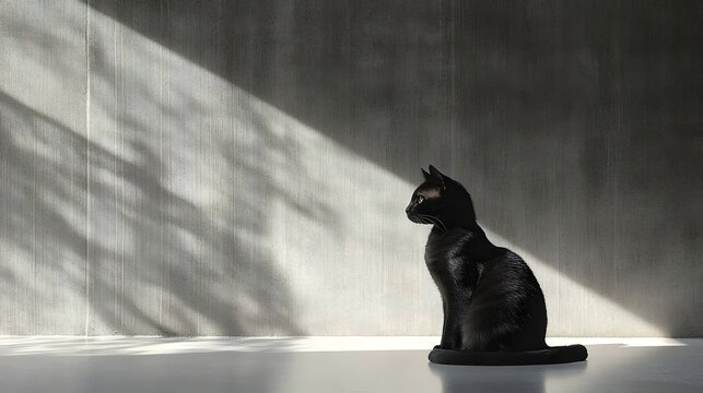 A black cat is sitting on a white floor in front of a wall