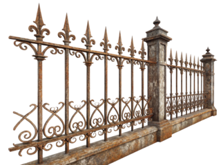 Old iron fence, rusty condition isolated on transparent background.