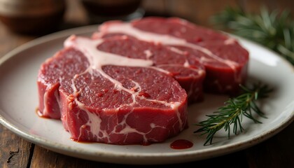 Fototapeta premium Closeup Shot of Marbled Raw Beef Steaks Ready for Grilling on a Rustic Plate