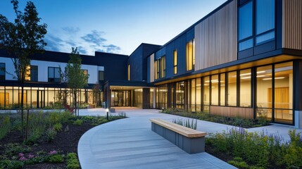 A modern healthcare facility with eco-friendly materials and large windows