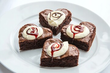 Heart-shaped chocolate brownies topped with cream swirls and red syrup drizzles, captured with soft natural lighting