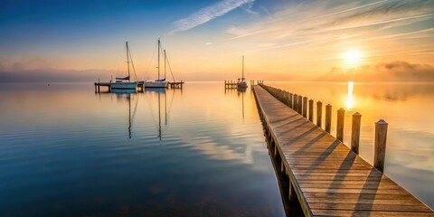 Obraz premium Wooden pier extending into the calm waters of the Chesapeake Bay at sunrise with misty fog and sailboats in the distance