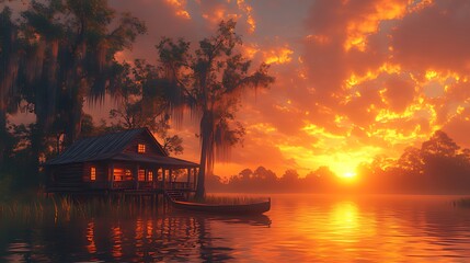 Fototapeta premium Swamp cabin sunset, fiery sky, misty bayou, peaceful scene, travel poster