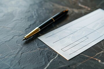 A blank check resting on a dark granite surface, with a sleek black pen beside it.