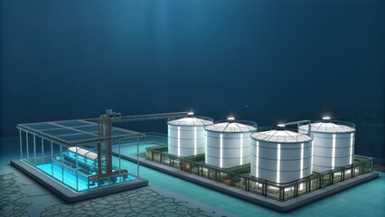 Obraz premium Underwater Facility Featuring Cylindrical Tanks and Glass Structure