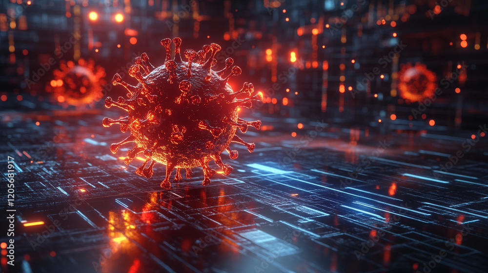 Poster red glowing virus model on a digital circuit board, representing cyber threats in modern technology