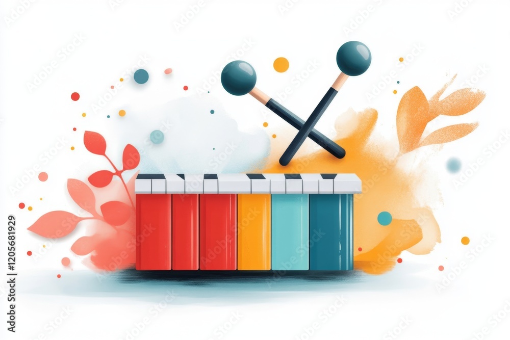 Poster a sleek flat design of a xylophone with two mallets crossing above it, using soft pastel tones for a