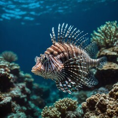 A metallic lionfish floating in the air, side-view, DSLR quality, blurred fantasy reef.