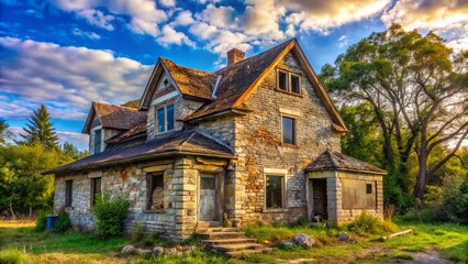 Obraz premium Abandoned Suburban Stone House, Overgrown, Dilapidated Facade, Broken Windows, Rusted Roof
