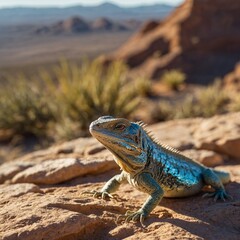 Fototapeta premium A shimmering crystal lizard basking in sunlight, side-view, DSLR quality, blurred rocky desert.