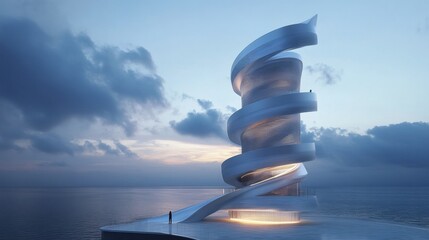 A spiraling observation tower with a futuristic aesthetic