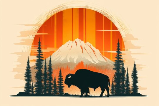 A sleek silhouette of a bison standing in front of a simple outline of the Yellowstone mountains and a geyser