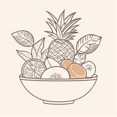 Tropical fruit bowl, healthy snack, kitchen, line art, recipe illustration