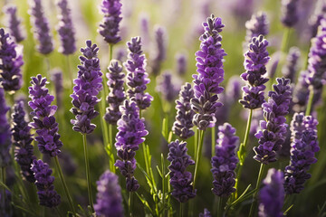 Fototapeta premium Several sprigs of lavender flowers with bright purple blooms on a light purple background. The lavender flowers look fresh and stand tall with slender green leaves. 