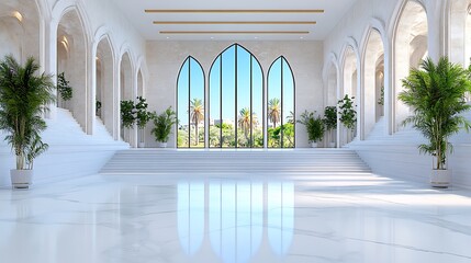 Luxurious White Marble Hallway with Large Windows and Plants