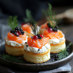 Delicious mini cakes topped with salmon, cream cheese, and garnished with dill and caviar, perfect for elegant appetizers or party snacks
