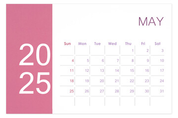 May 2025 Blank calendar page isolated on white background, Save clipping path.