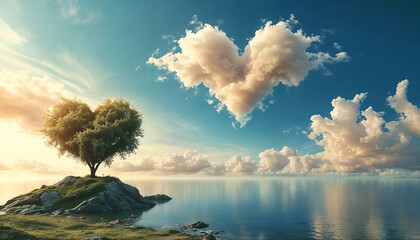 Heartfelt Connection: A lone heart-shaped tree stands gracefully on a rocky outcropping overlooking a tranquil sea, its branches reaching towards a matching heart-shaped cloud in the azure sky.