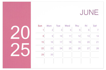 June 2025 Blank calendar page isolated on white background, Save clipping path.