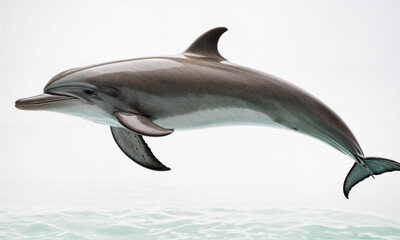 Fototapeta premium A playful dolphin leaps gracefully out of the water, showcasing its agility and beauty against the serene ocean backdrop.