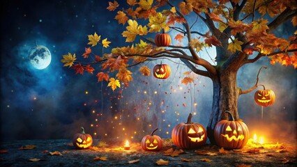 Spooky tree with glowing jack-o-lanterns and colorful autumn leaves against a dark blue background, colorful autumn, glowing jack-o-lanterns