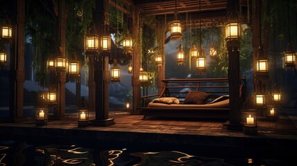 Obraz premium A photo of a spa relaxation area with hanging lantern