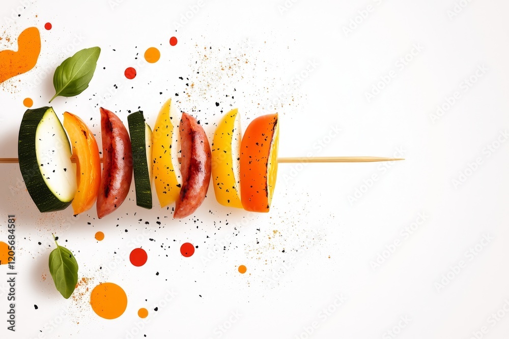 Poster A stylized flat icon of a wurst sausage skewer with alternating vegetables, designed with simple geometric shapes and vibrant colors