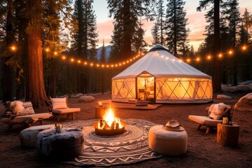 A yurt set up at a glamping site, featuring string lights, comfortable outdoor seating, and a scenic forest view