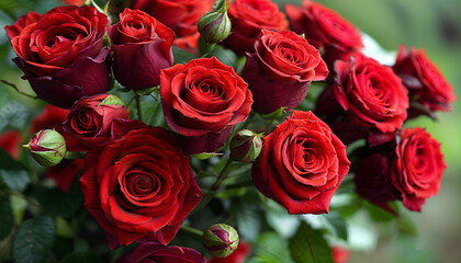 Obraz premium Crimson Rose Bouquet: A vibrant and captivating bouquet of red roses, their velvety petals unfurling in a symphony of passionate hues.