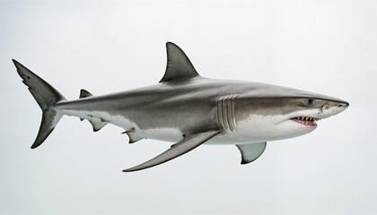 Fototapeta premium A stunning capture of a great white shark showcasing its powerful anatomy, sharp teeth, and sleek body, embodying the apex predator of the ocean ecosystem