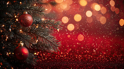 Cozy Christmas Tree with Red Ornaments and Glowing Bokeh Lights