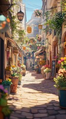Charming cobblestone street adorned with flowers and lanterns in a quaint village.